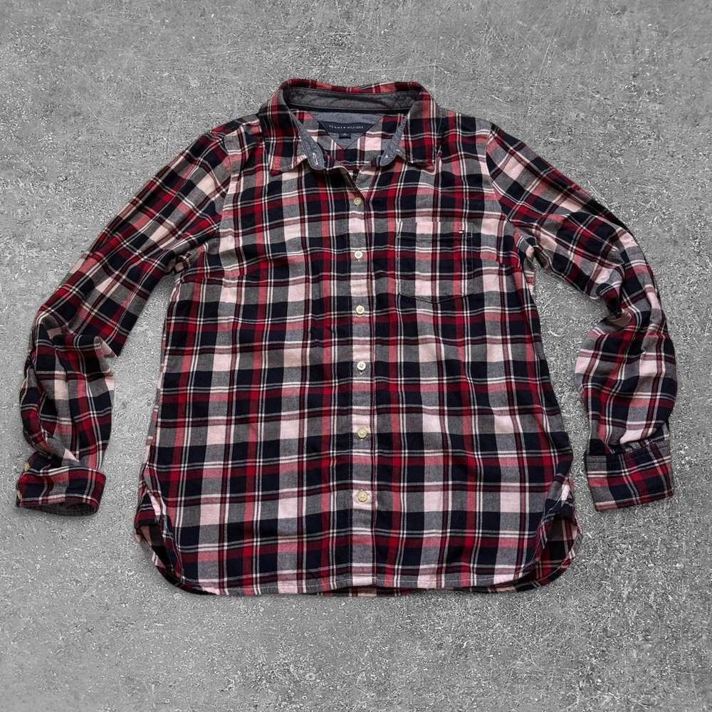 Tommy Hilfiger Womens Red Black White Plaid Button Up Shirt Size M
